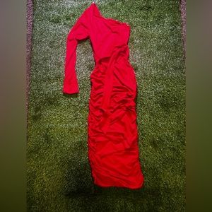 One shoulder red punched dress